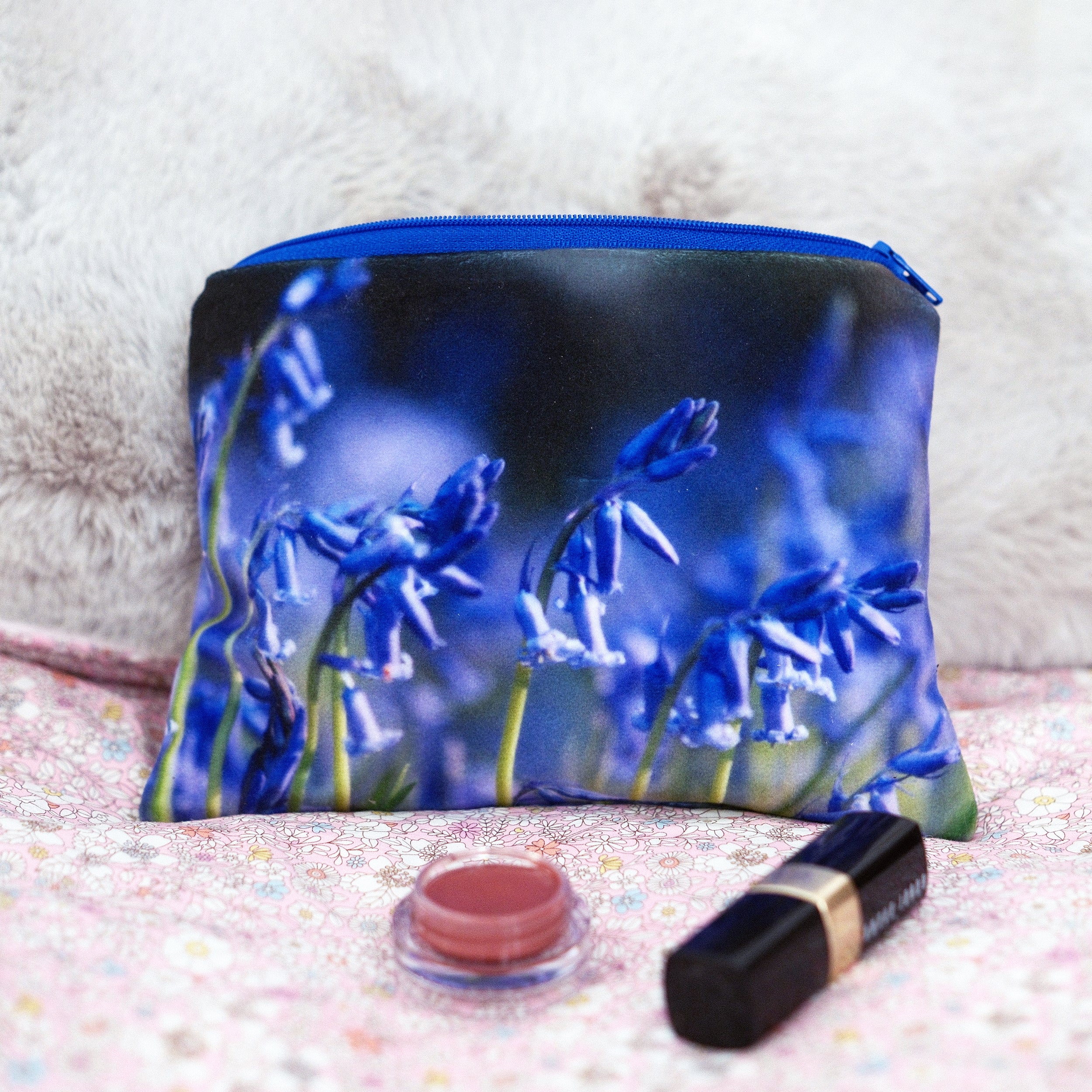 Bluebell Velvet Makeup & Travel Pouch – Spring Floral Cosmetic Bag, Mother’s Day Gift