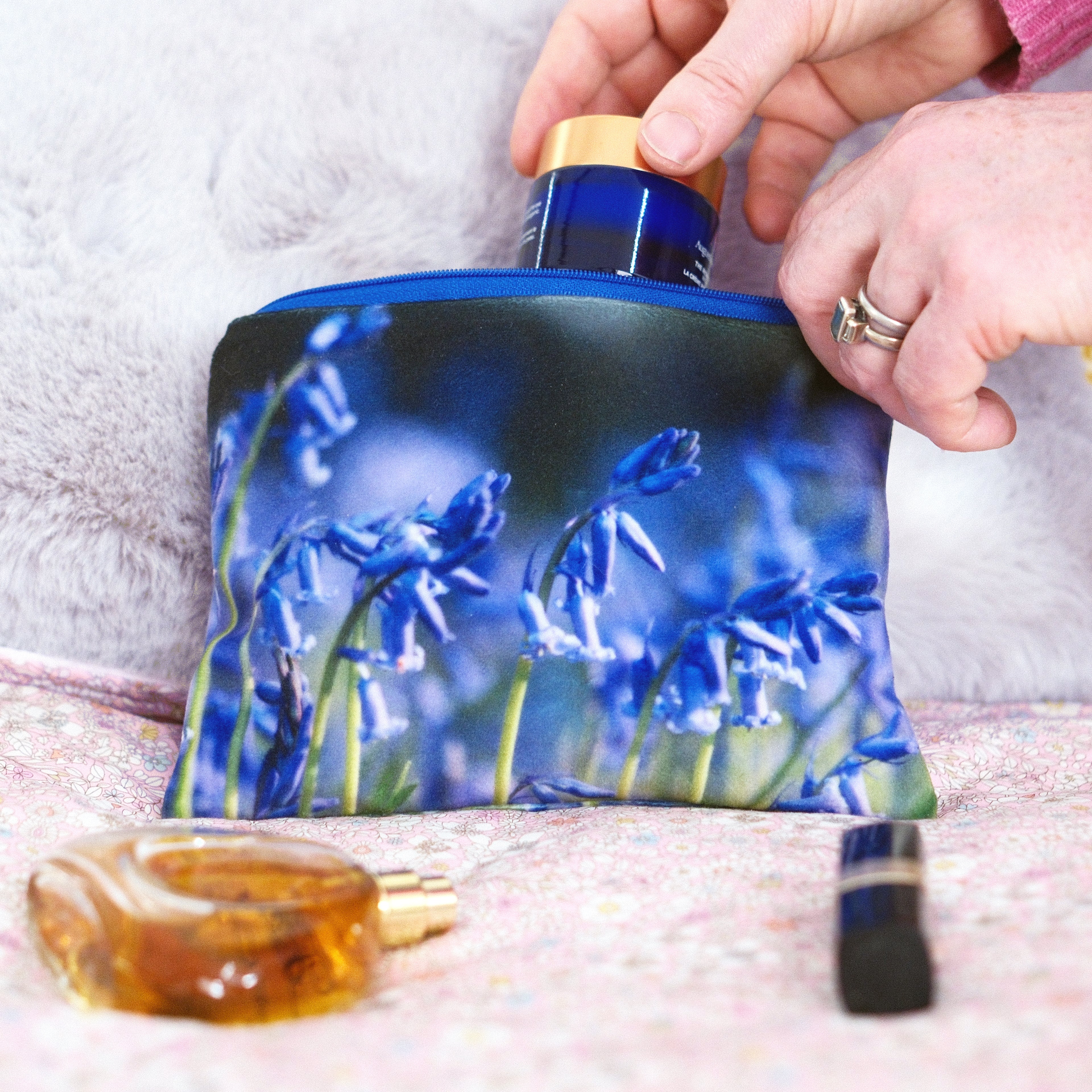 Bluebell Velvet Makeup & Travel Pouch – Spring Floral Cosmetic Bag, Mother’s Day Gift