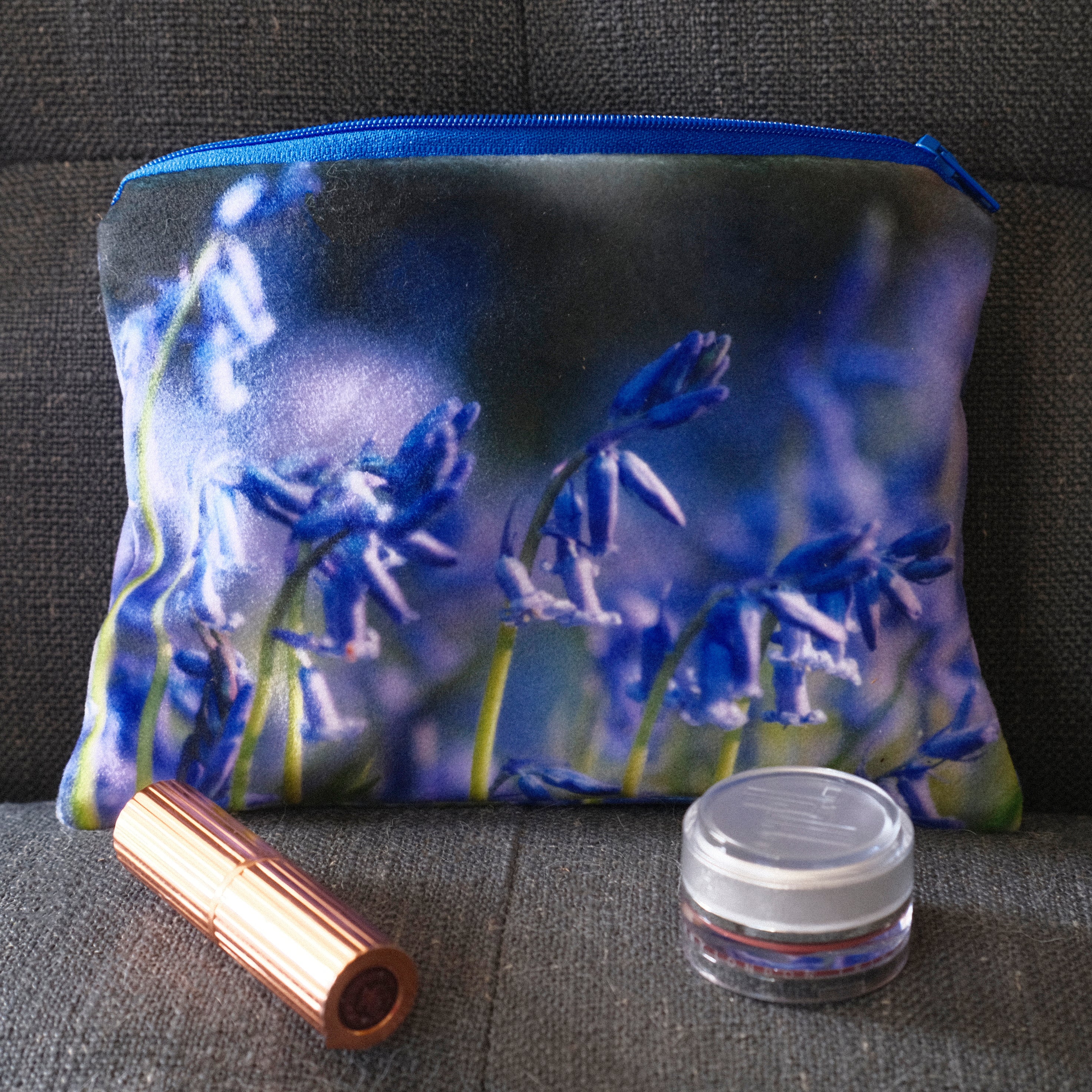Bluebell Velvet Makeup & Travel Pouch – Spring Floral Cosmetic Bag, Mother’s Day Gift
