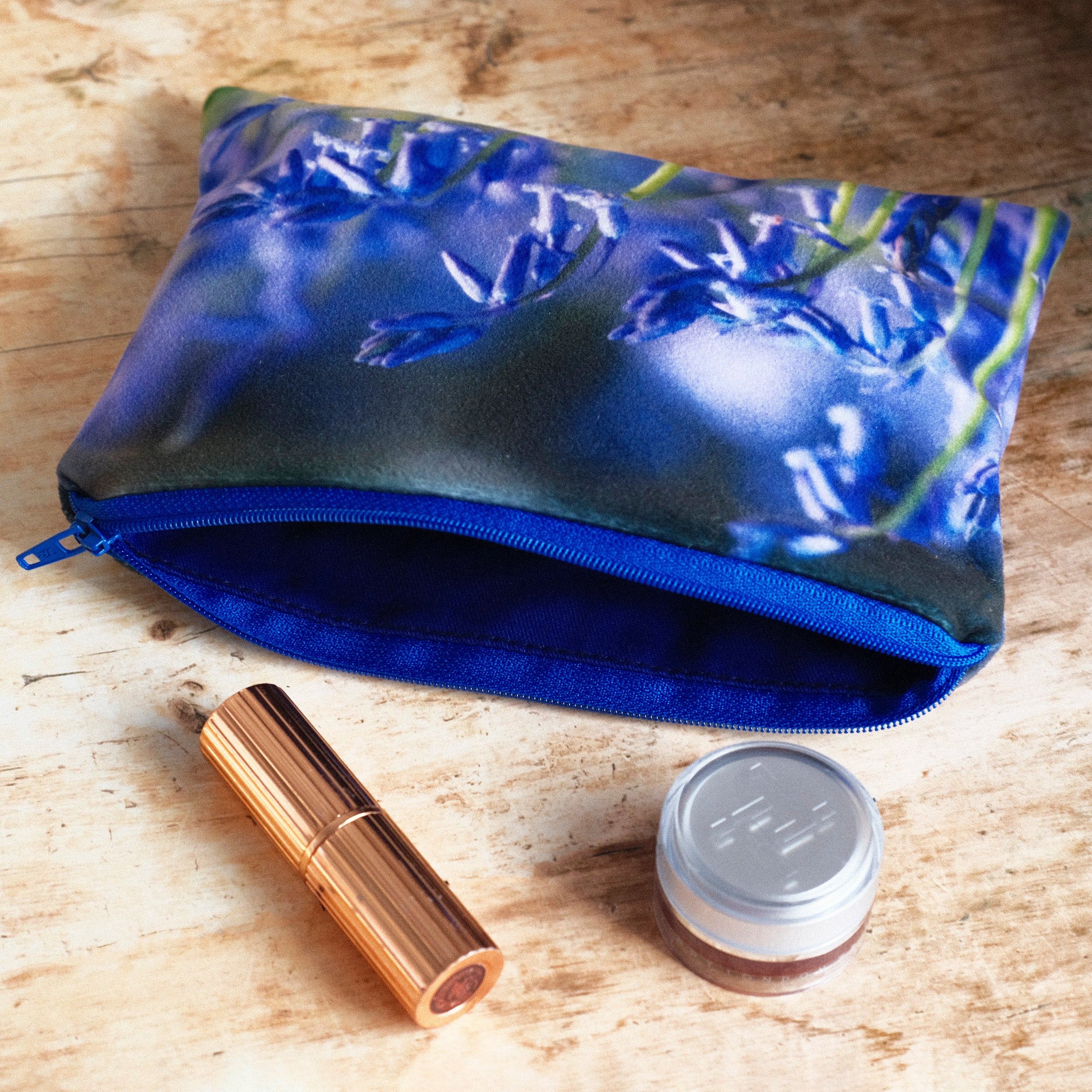 Bluebell Velvet Makeup & Travel Pouch – Spring Floral Cosmetic Bag, Mother’s Day Gift