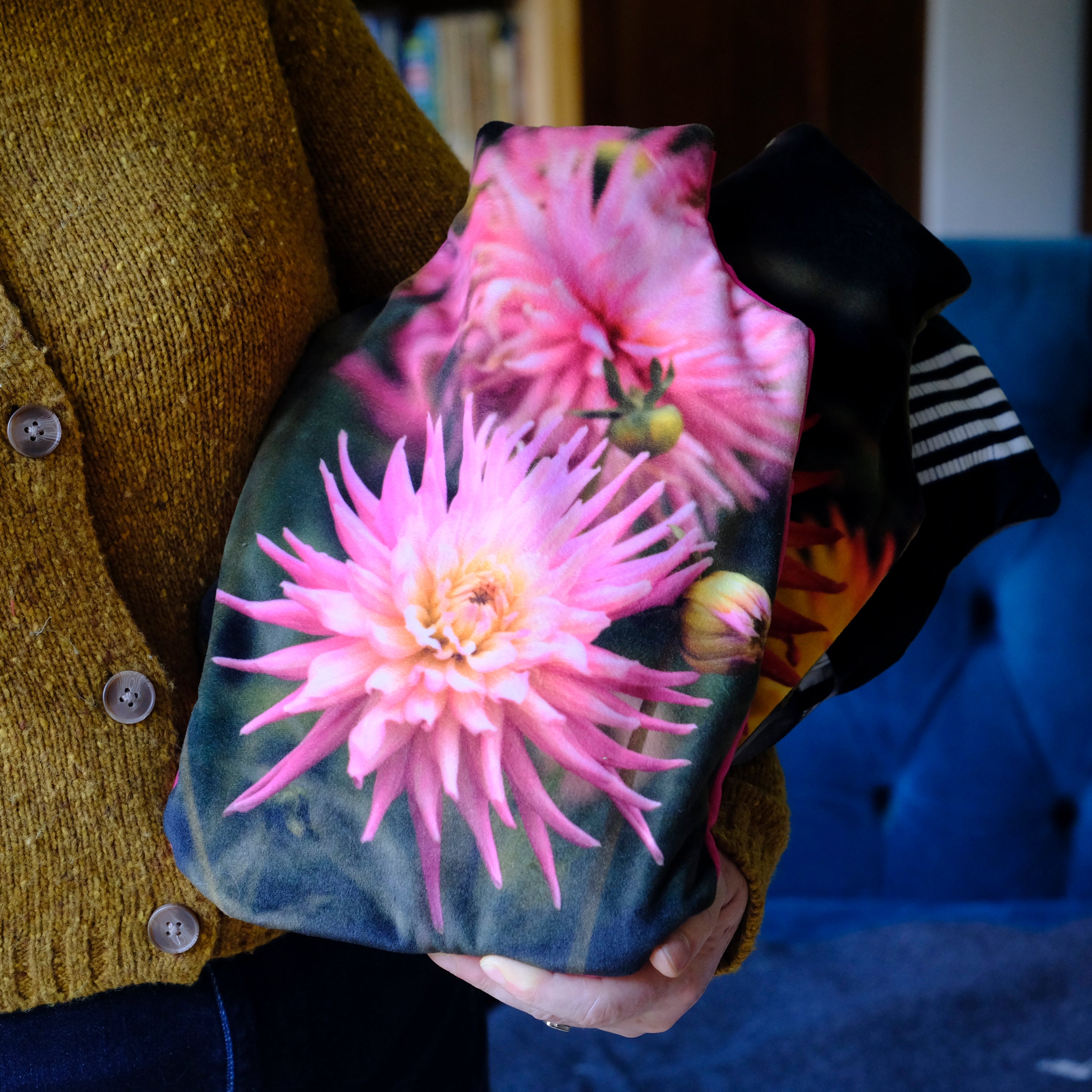 Pink dahlia hot water bottle