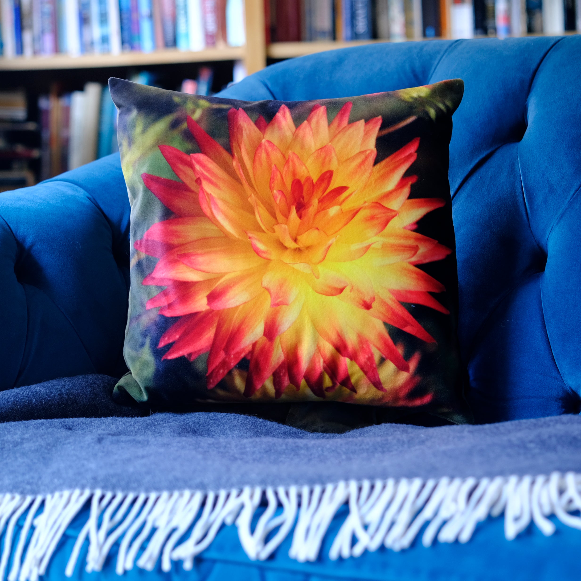 Orange Dahlia Velvet Cushion