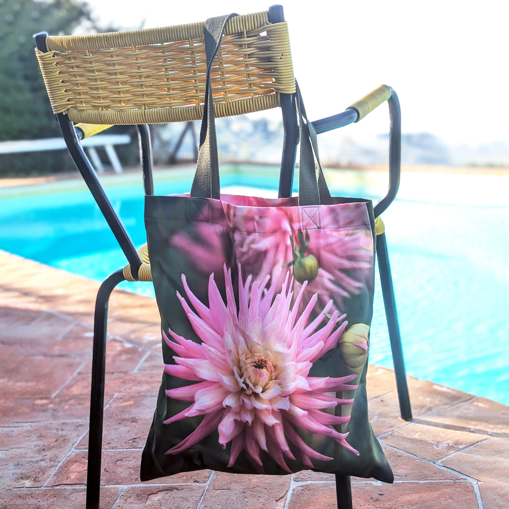 Pink dahlia print shopper with olive straps – garden inspired bag by Dahlia Days.