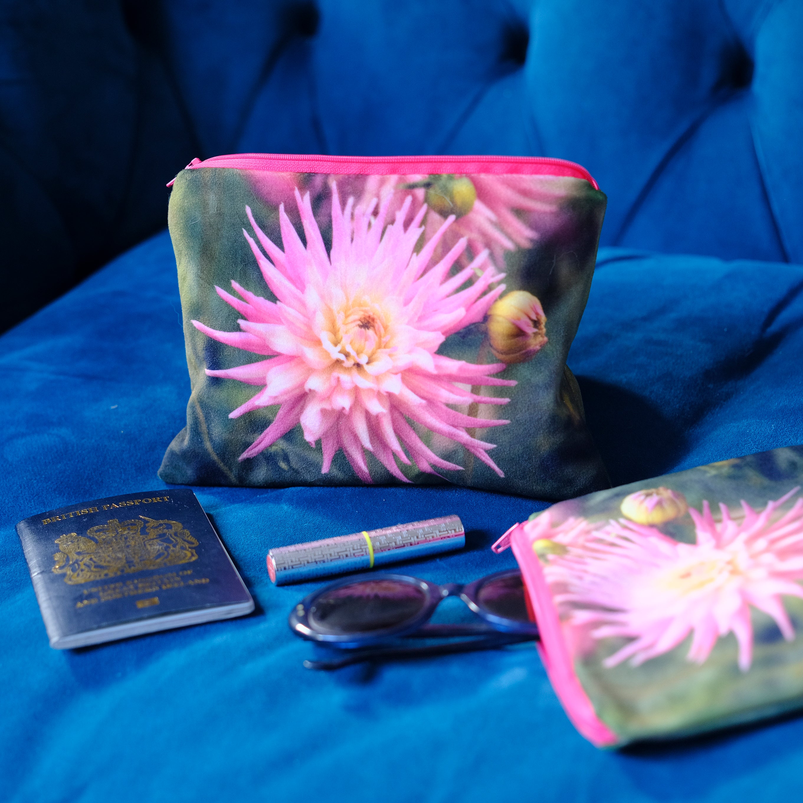 Pink dahlia velvet pouch