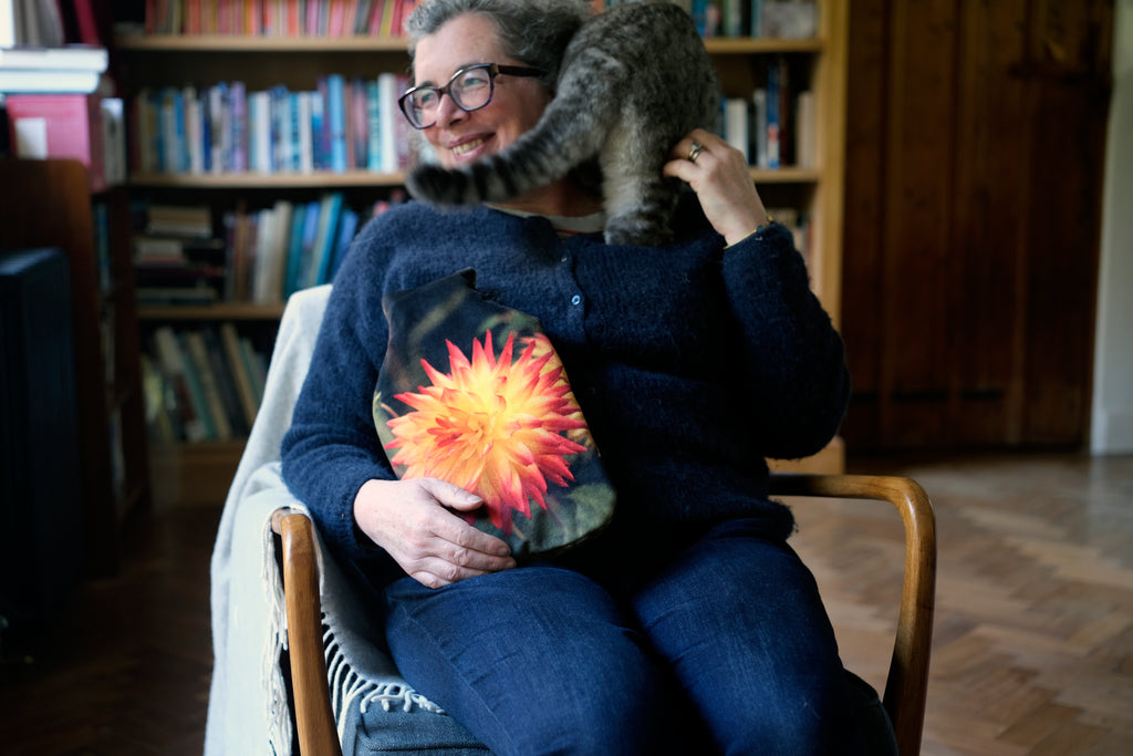 Orange dahlia hot water bottle