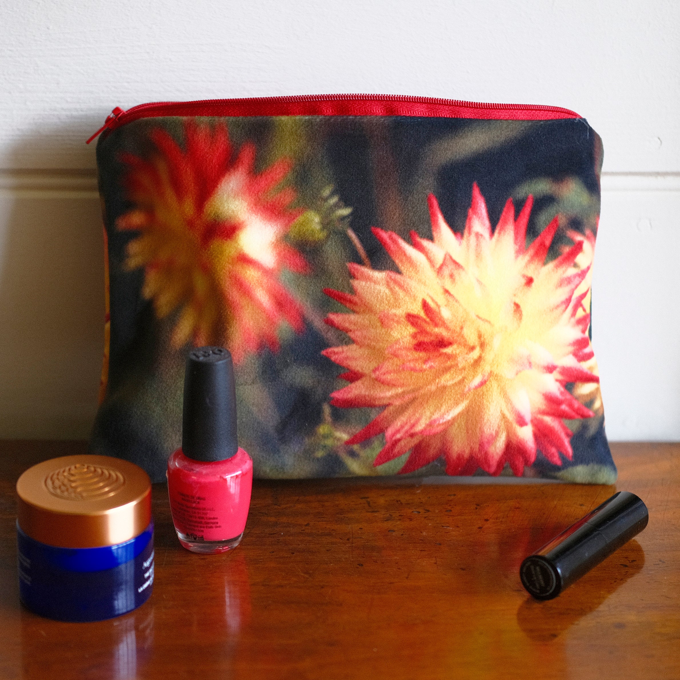 Orange dahlia velvet pouch