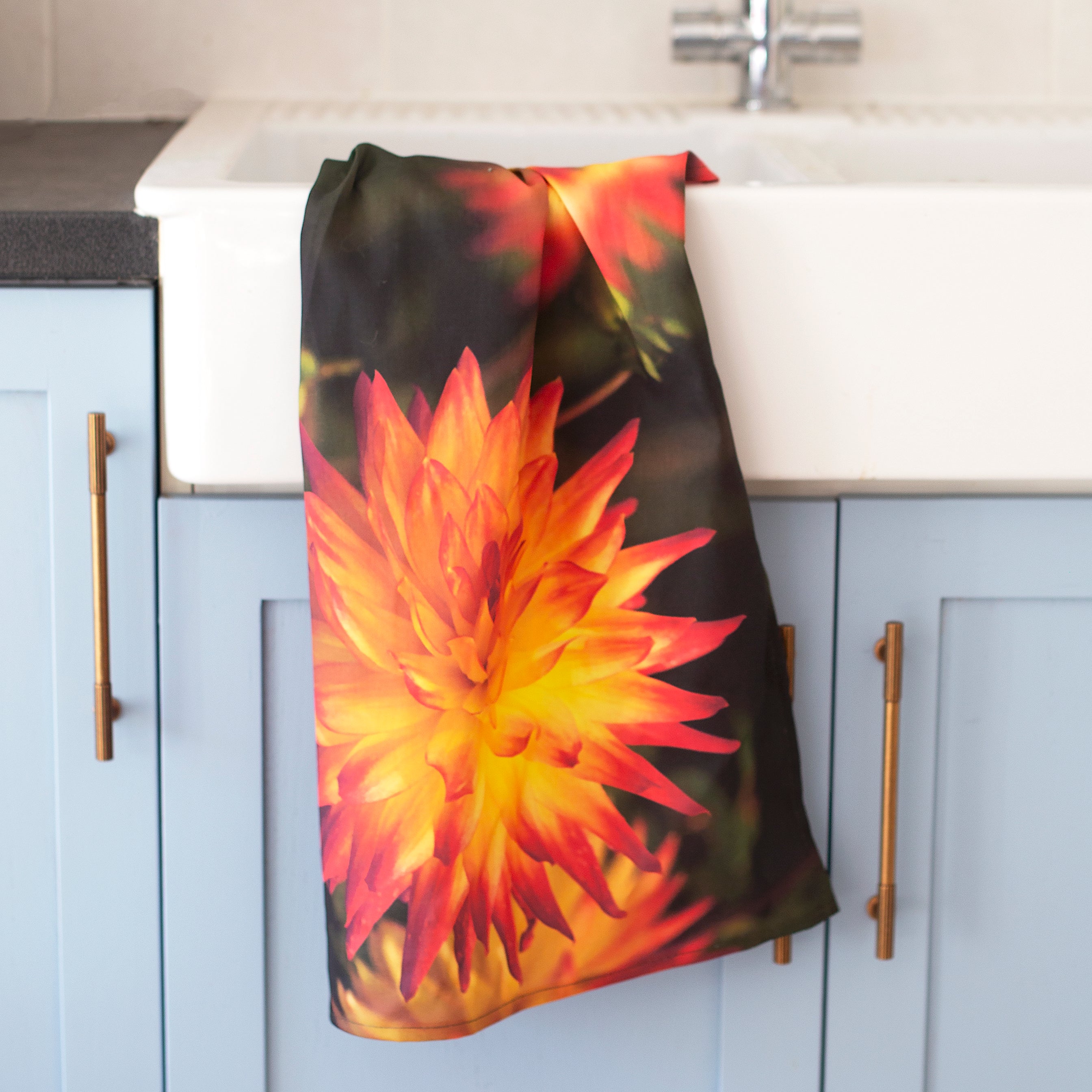 Orange dahlia tea towel
