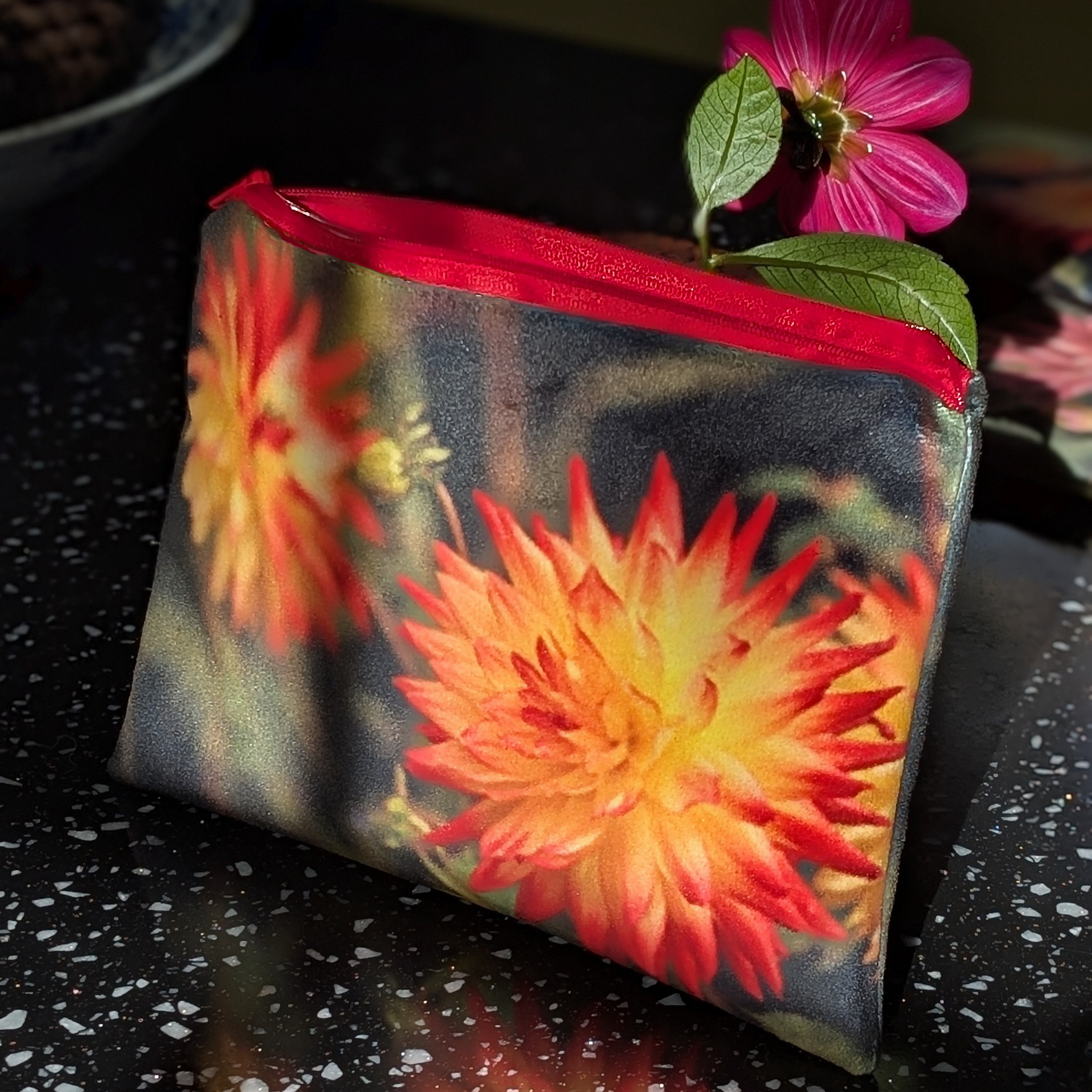 Orange dahlia velvet pouch