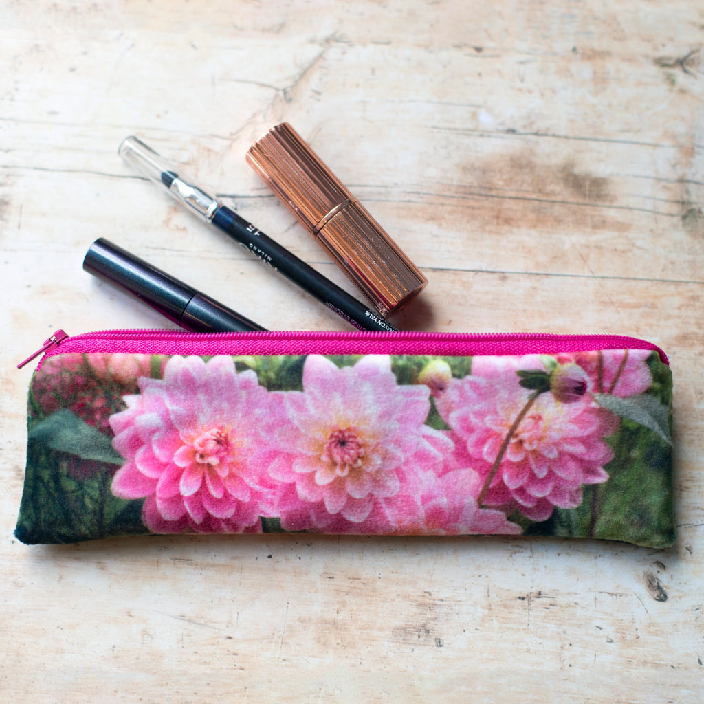 Pink Dahlia Velvet Pencil Case