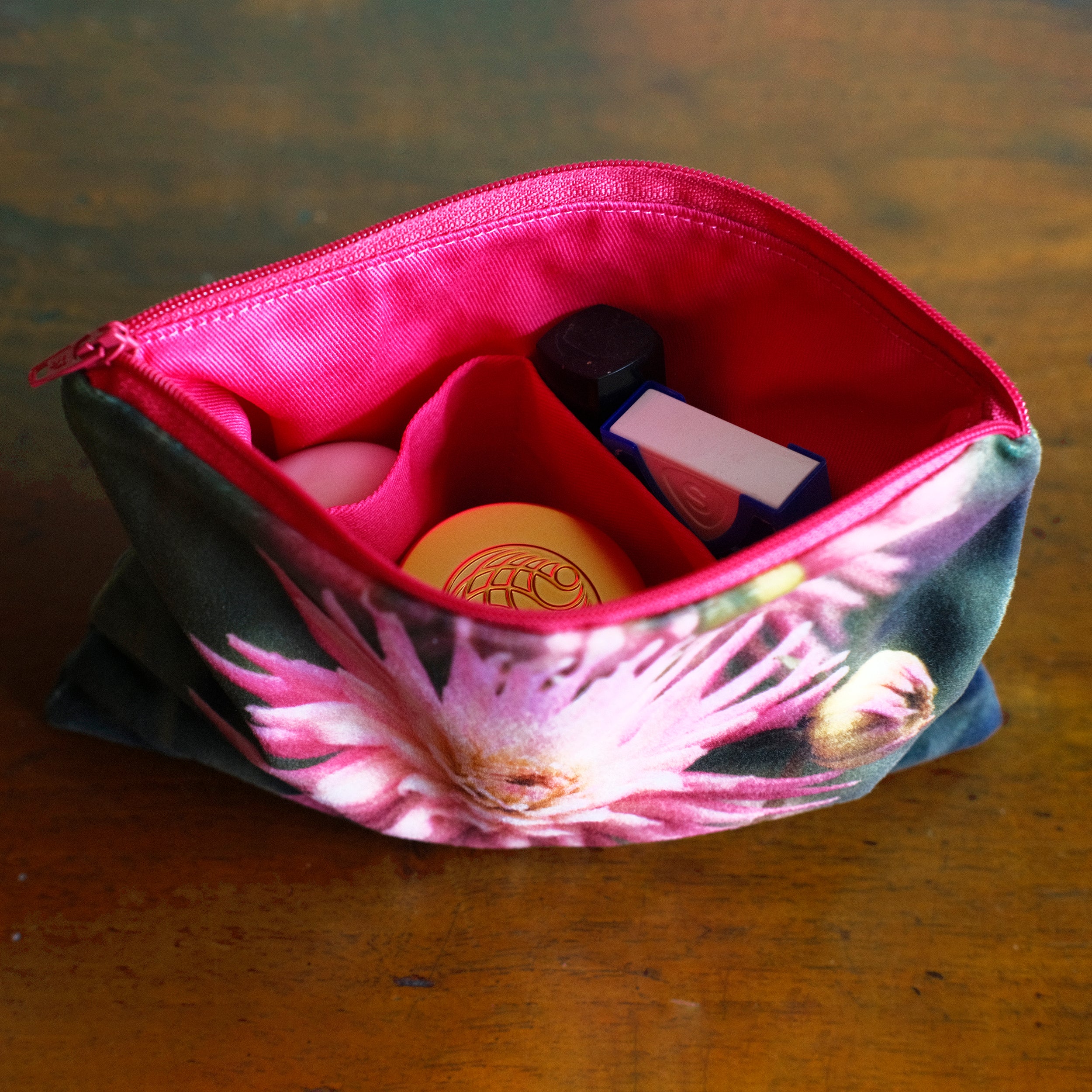 Pink dahlia velvet pouch