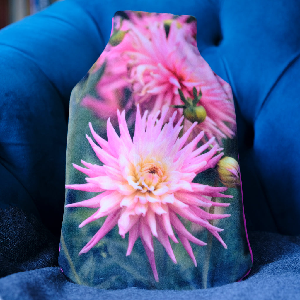 Pink dahlia hot water bottle
