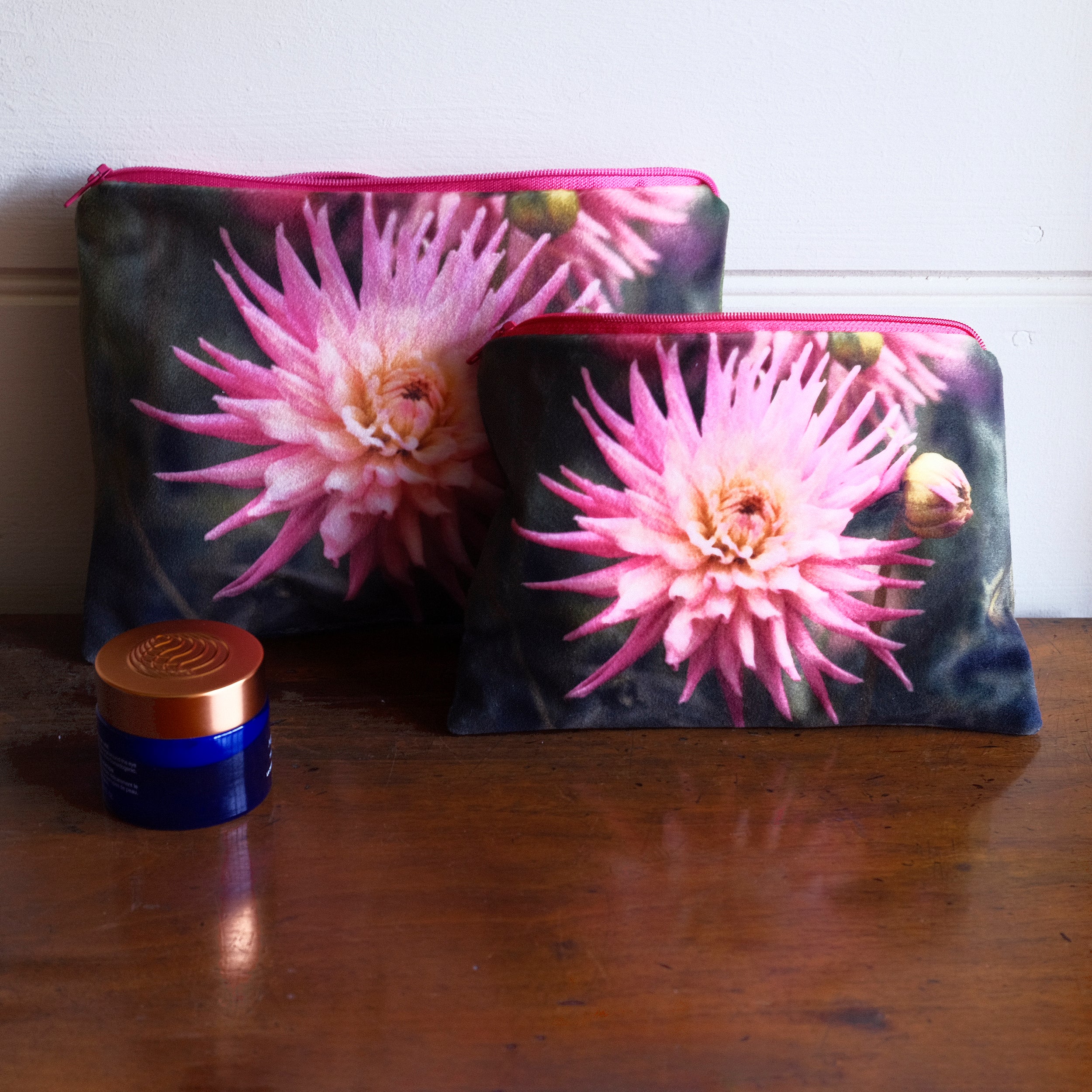Pink dahlia velvet pouch