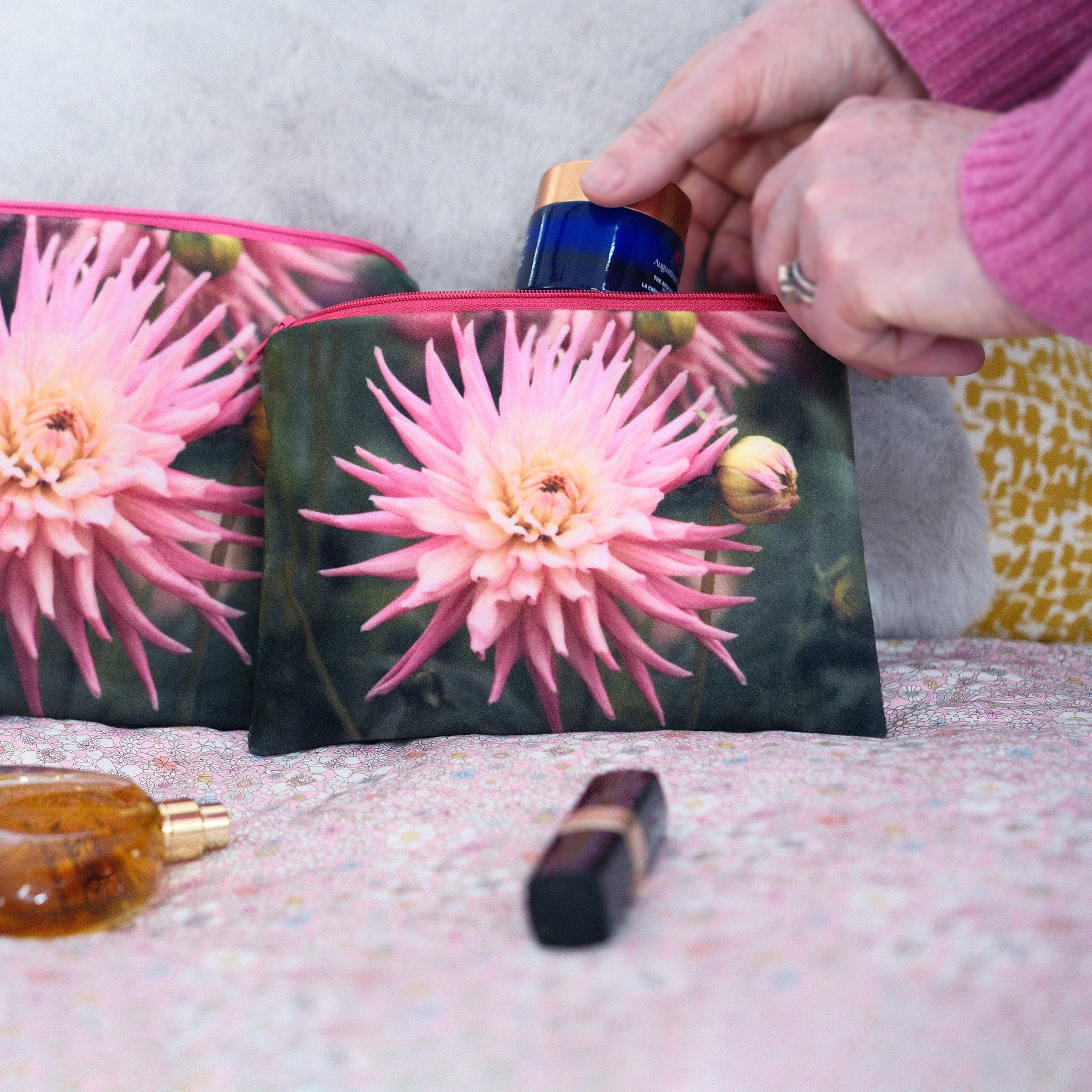 Pink dahlia velvet pouch