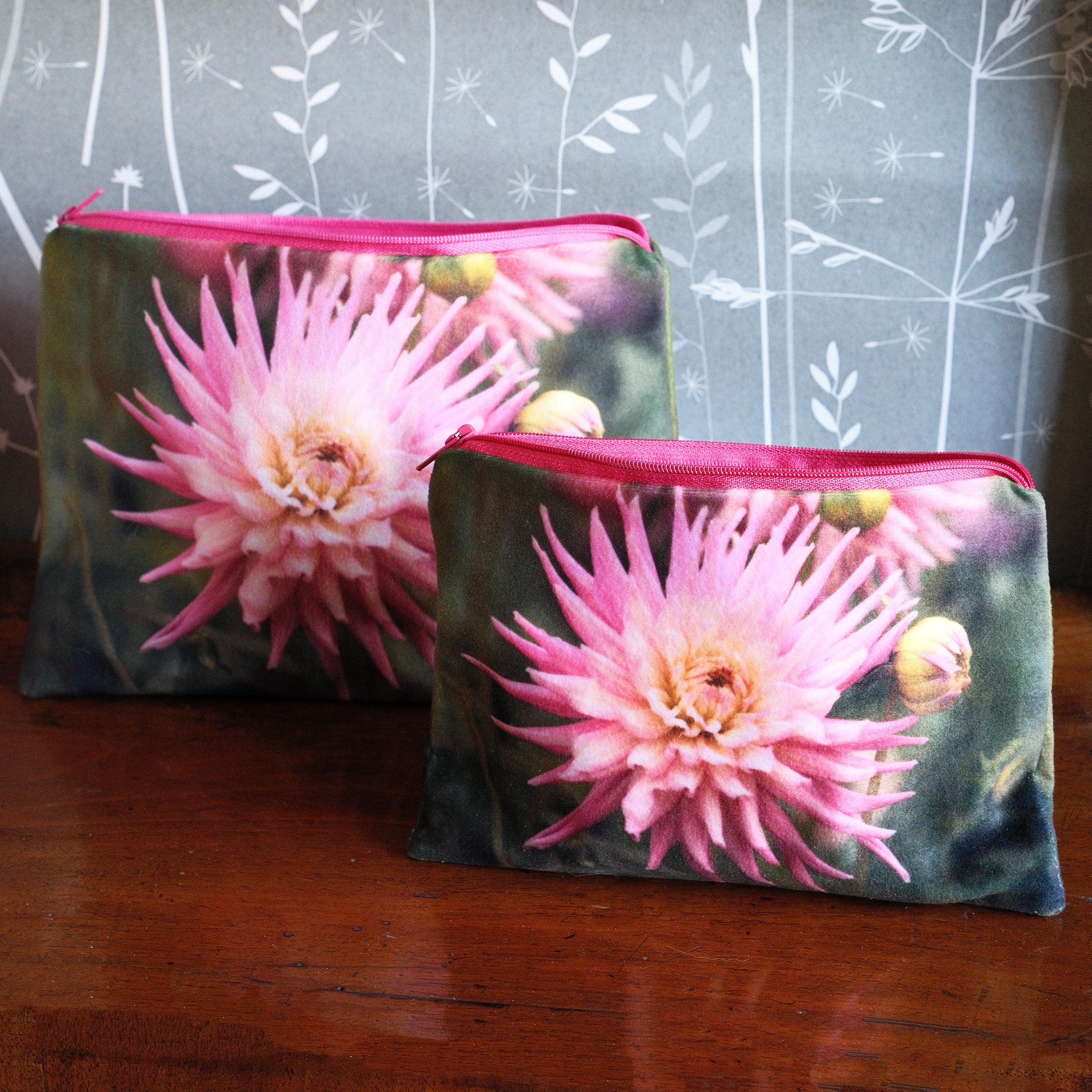 Pink dahlia velvet pouch
