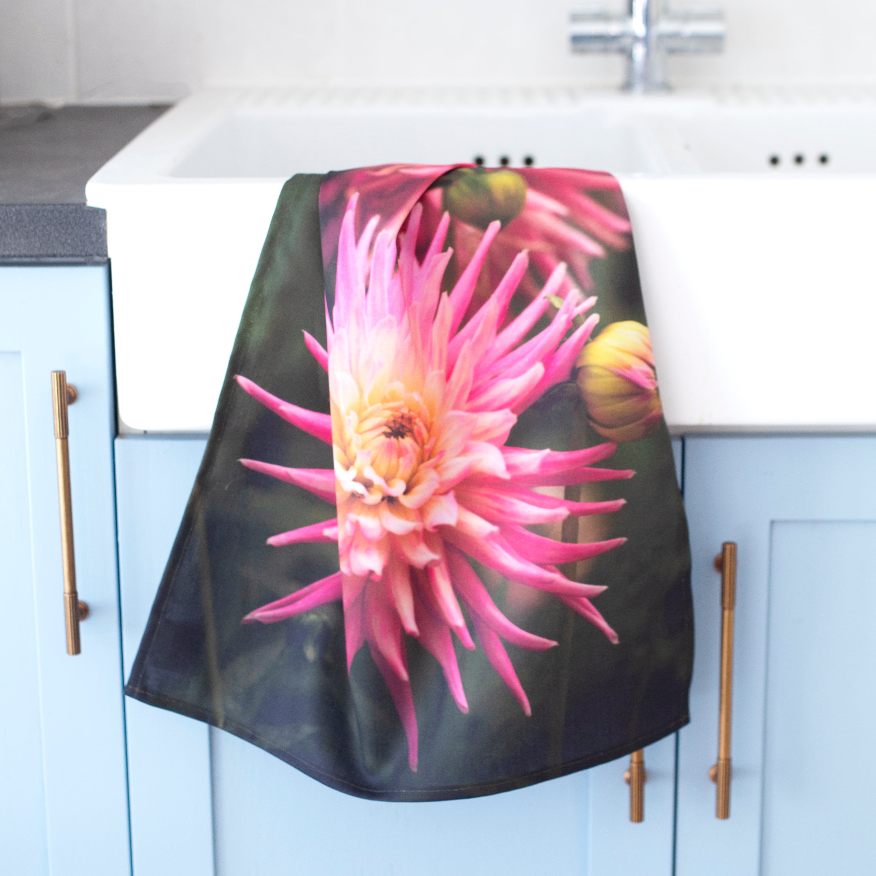 Pink dahlia tea towel