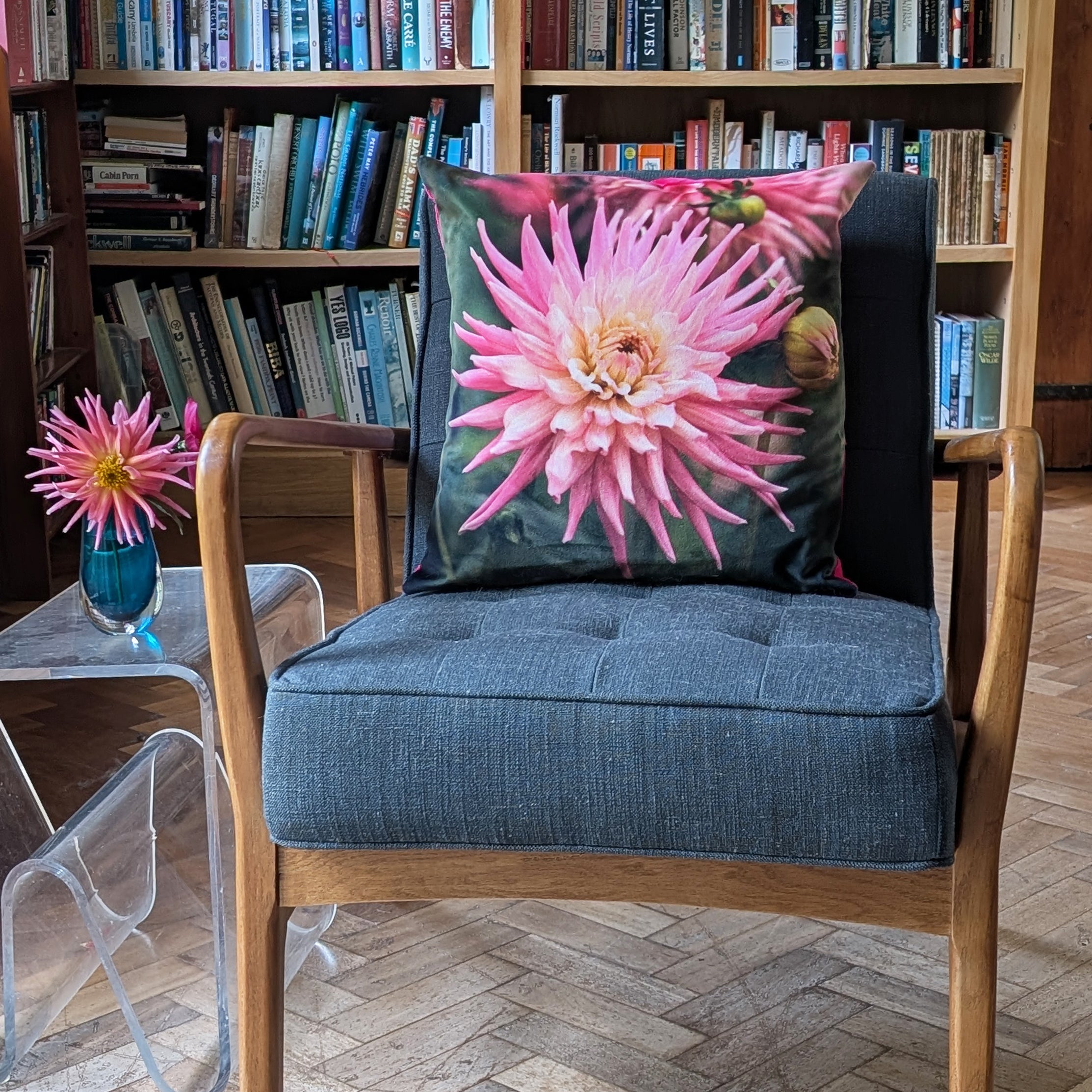 Pink Dahlia Velvet Cushion sample