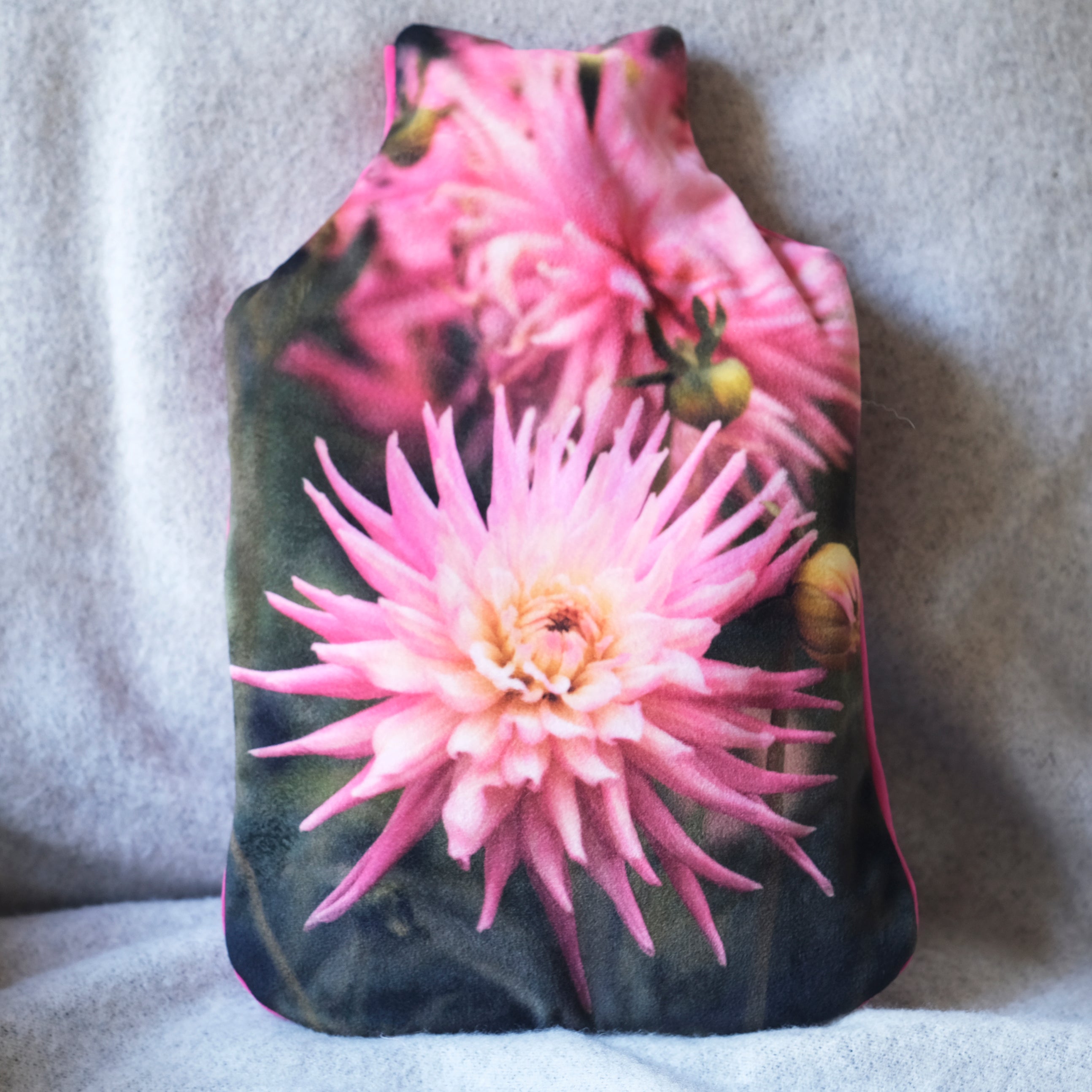 Pink dahlia hot water bottle