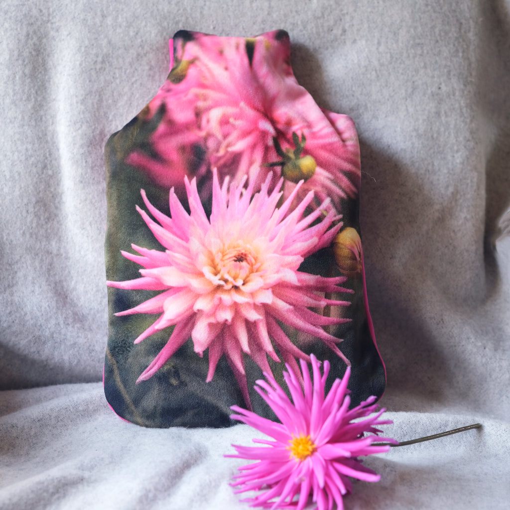 Pink dahlia hot water bottle