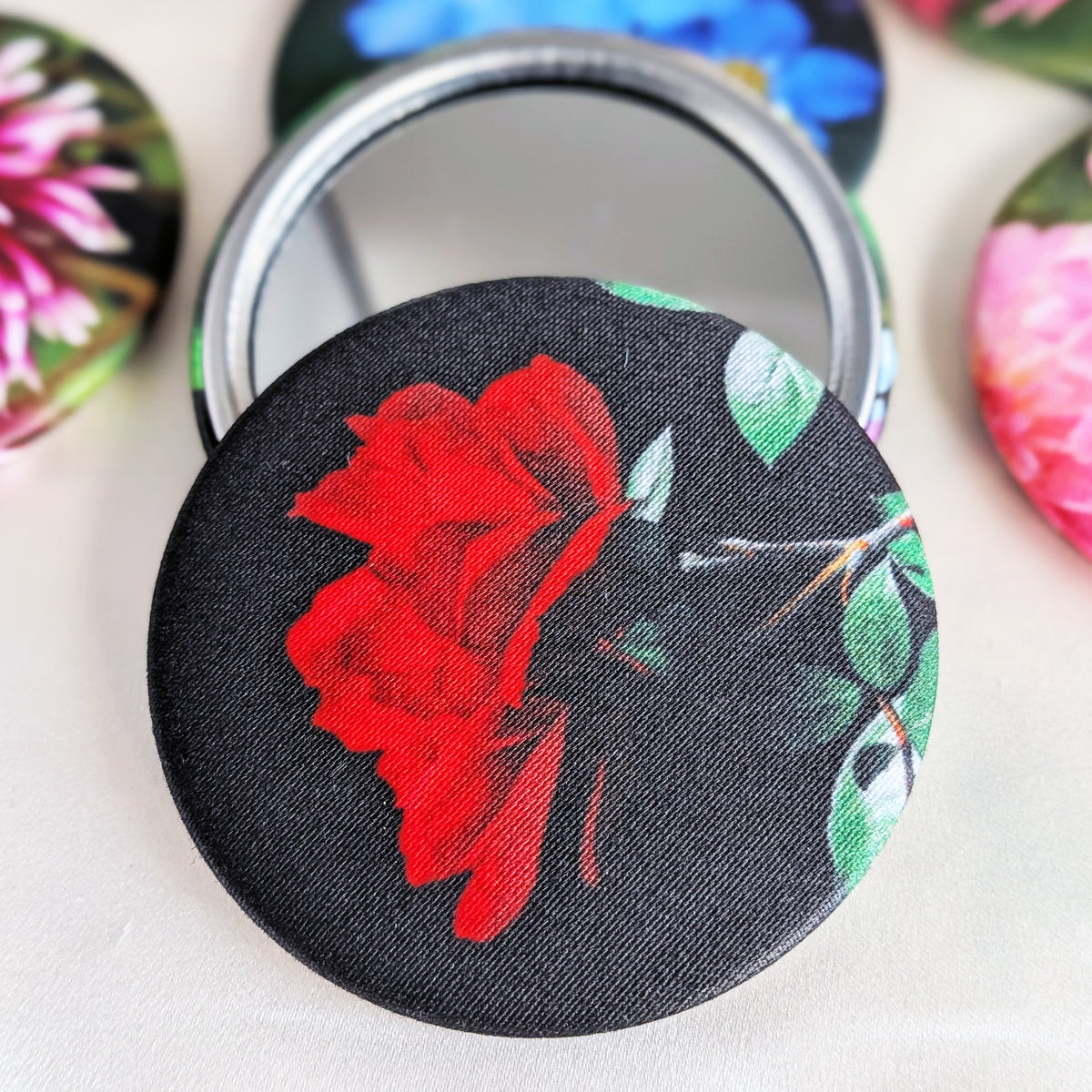 Flower fabric pocket mirror - choice of 12 Designs