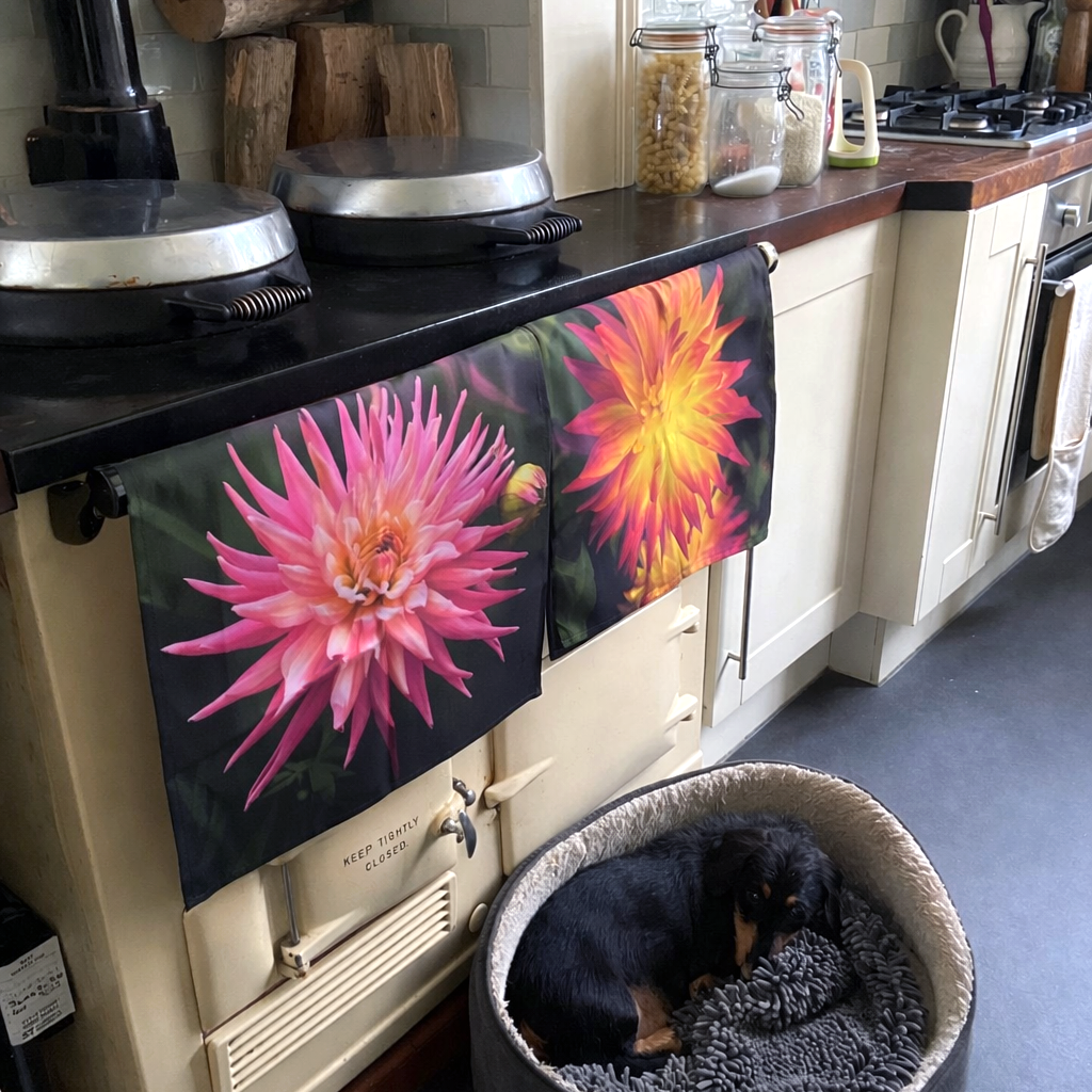 Orange dahlia tea towel