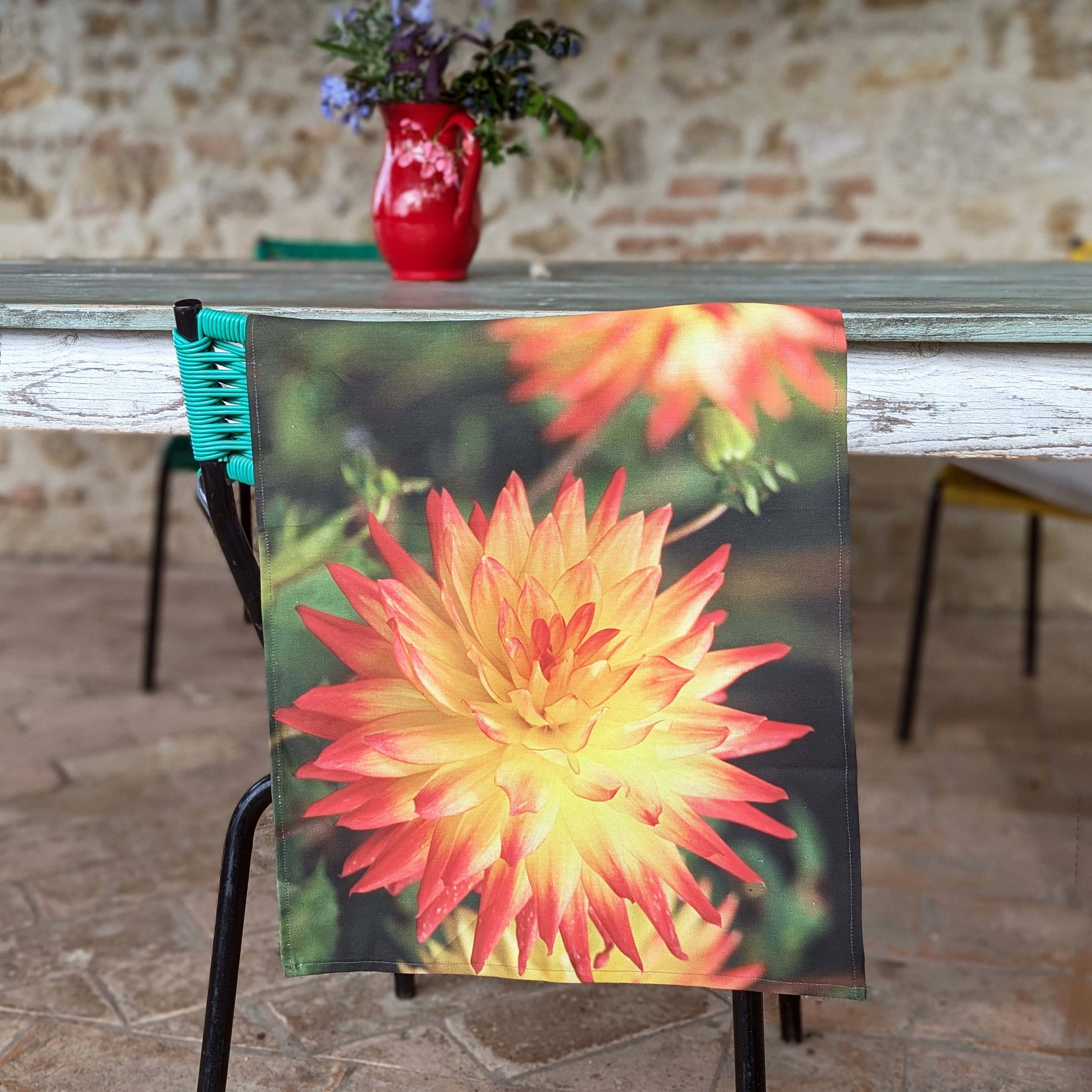 Orange dahlia tea towel