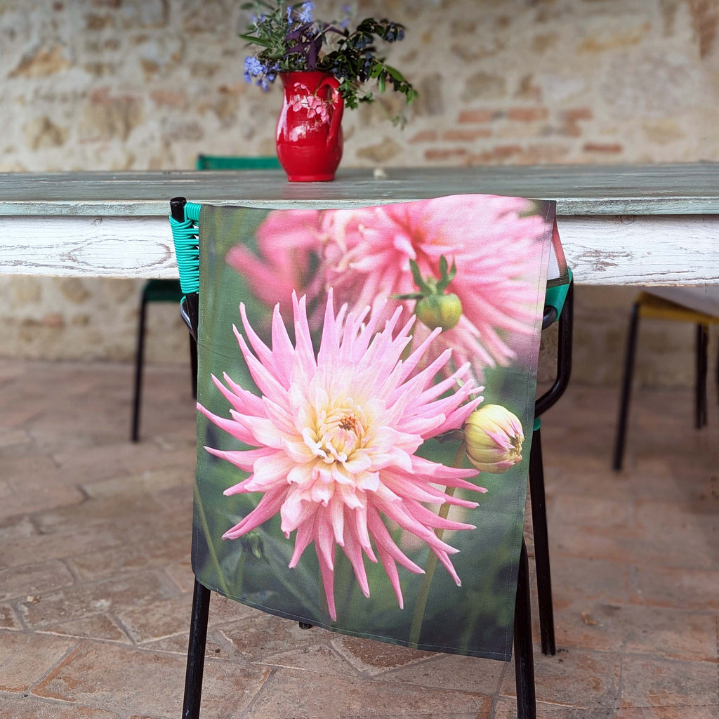 Pink dahlia tea towel